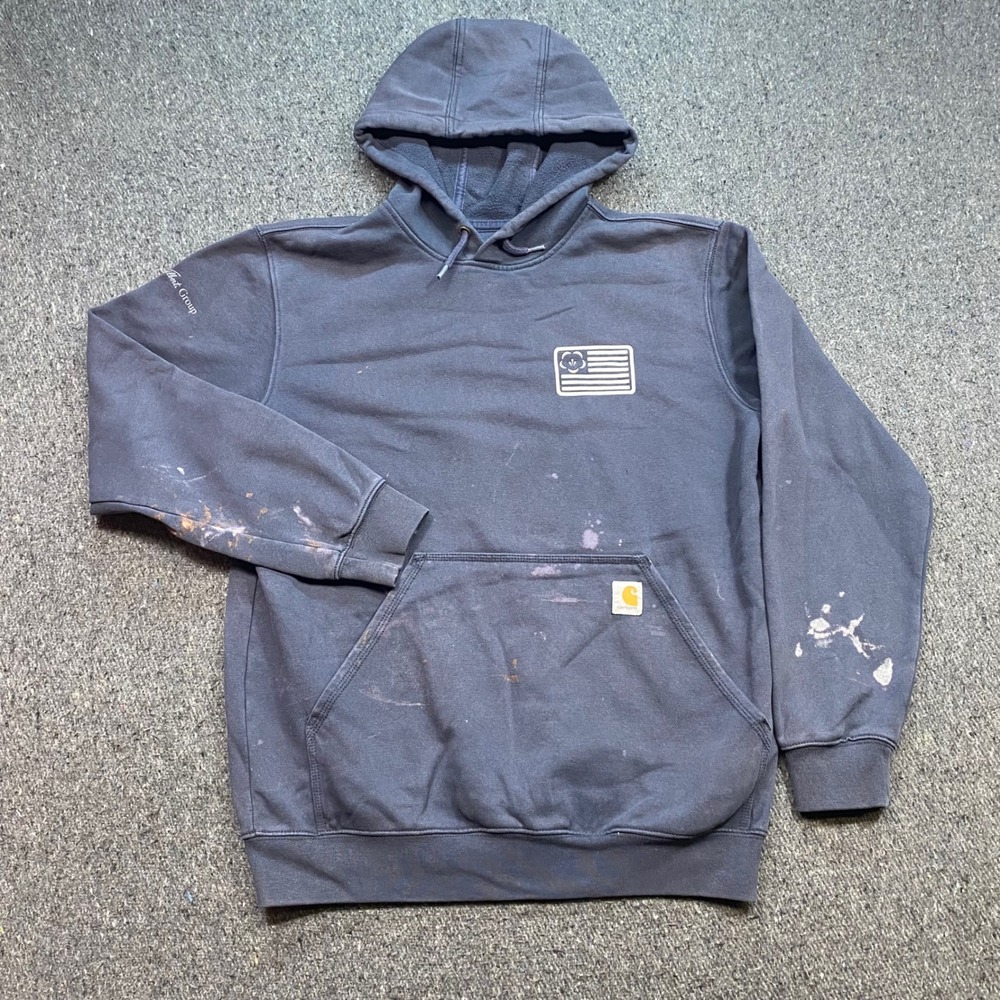 Carhartt Hoodie Sz M Men Blue Workwear Distressed Memorial Monuments Paint Stain